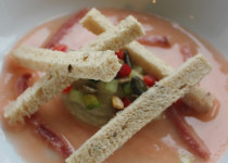 Caviar d’Aubergine, Gaspacho à la Vodka et son Jambon Alsacien